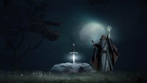 Wizard with magic disc under full moon with shining sword in a stone